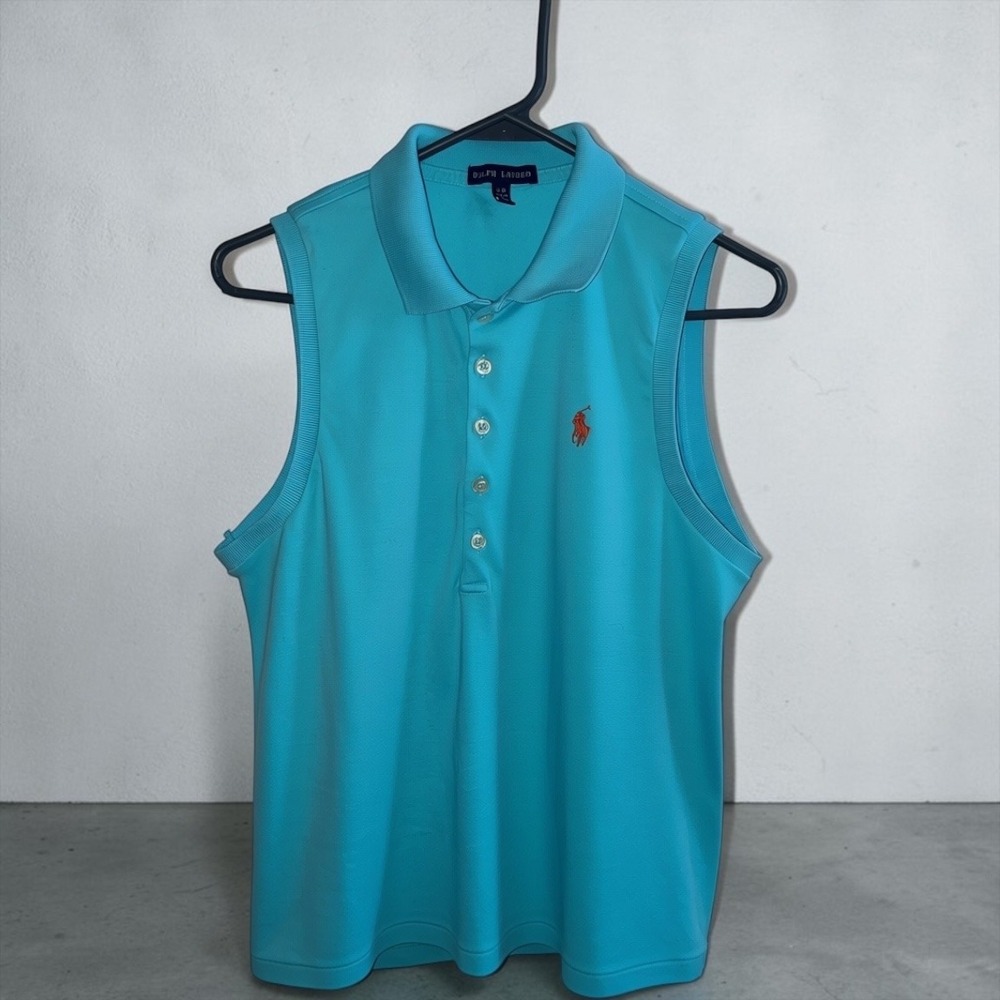 Ralph Lauren Womens Sleeveless Polo Shirt Turquoise Blue‎ Orange Pony Size L